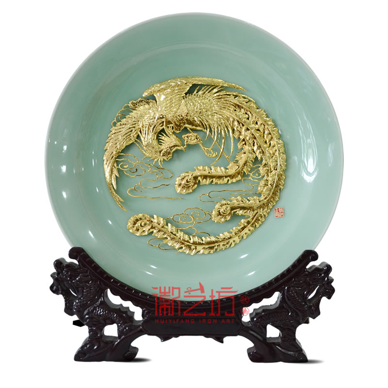 金鳳凰龍泉青瓷蕪湖鐵畫擺件 國家級非物質(zhì)文化遺產(chǎn)安徽特色手工藝術(shù)品