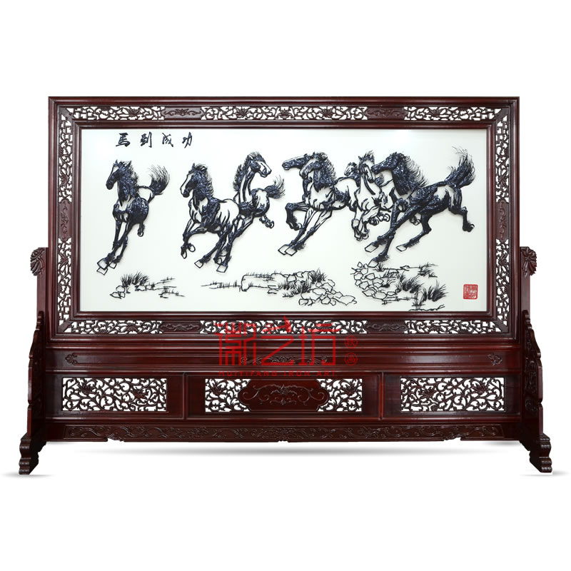 傲雪迎春蕪湖鐵畫紅木雕花屏風 企事業(yè)單位大廳 酒店大堂屏風隔斷