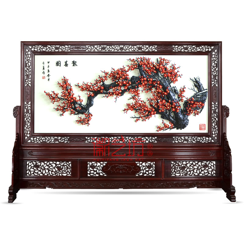 報春圖蕪湖鐵畫紅木雕花屏風 企事業(yè)單位大廳 酒店大堂屏風隔斷