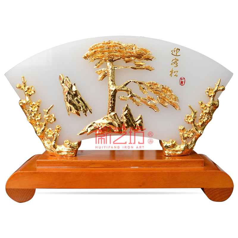 扇形玉石雙面金畫迎客松+馬到成功 國家級非遺手工藝術品蕪湖鐵畫
